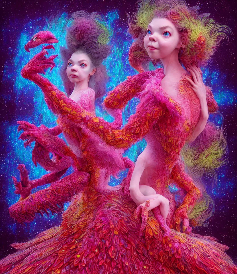 Image similar to hyper detailed 3d render like a Oil painting - kawaii portrait of two Aurora (a beautiful girl skeksis muppet fae princess protective playful expressive acrobatic from dark crystal that looks like Anya Taylor-Joy) seen red carpet photoshoot in UVIVF posing in scaly dress to Eat of the Strangling network of yellowcake aerochrome and milky Fruit and His delicate Hands hold of gossamer polyp blossoms bring iridescent fungal flowers whose spores black the foolish stars by Jacek Yerka, Ilya Kuvshinov, Mariusz Lewandowski, Houdini algorithmic generative render, golen ratio, Abstract brush strokes, Masterpiece, Edward Hopper and James Gilleard, Zdzislaw Beksinski, Mark Ryden, Wolfgang Lettl, hints of Yayoi Kasuma and Dr. Seuss, octane render, 8k