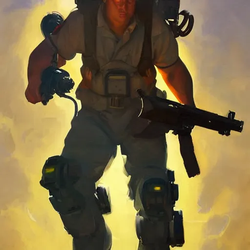 Prompt: greg manchess portrait painting of armored ghostbuster peter venkman overwatch character, medium shot, asymmetrical, profile picture, organic painting, sunny day, matte painting, bold shapes, hard edges, street art, trending on artstation, by huang guangjian and gil elvgren and sachin teng