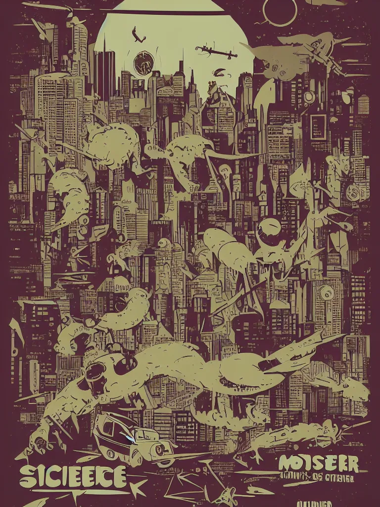 Image similar to tierra connor style poster illustration of a large retro science moster battle above the city, vintage muted colors, some grungy markings