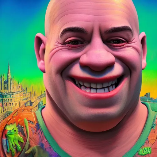 Image similar to a detailed painting of a shrek poorly disguised as vin diesel by Junji ito and Lisa frank, mobius, giger, escher, muted color scheme, artstation,8k,artstationHD,artstationHQ, cinematic, diffuse lighting