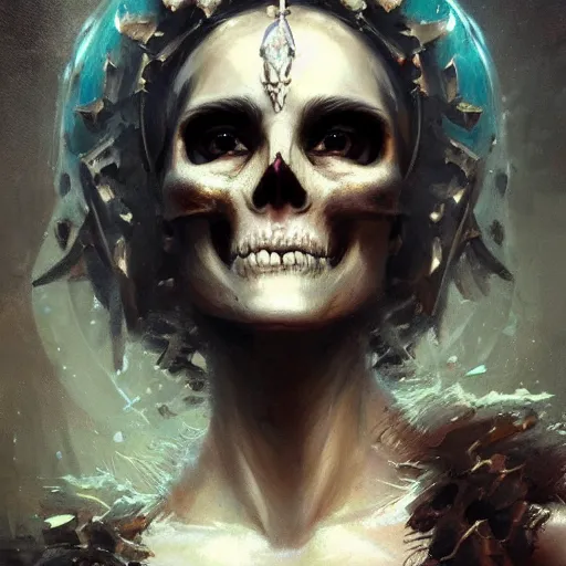 Image similar to a beautiful portrait of a skull goddess by Greg Rutkowski and Raymond Swanland, Trending on Artstation, ultra realistic digital art