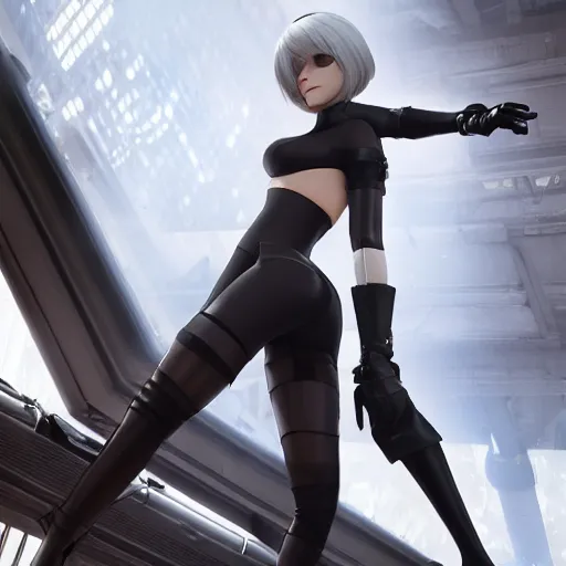 Image similar to 2B nier automata as Miranda Lawson pointing at the screen, 4k, realistic, unreal engine render, trending in artstation, artstationHD, artstationHQ