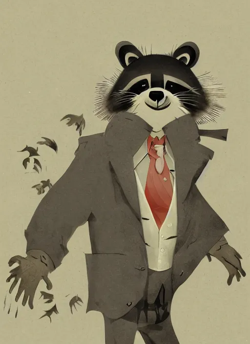 Image similar to a dramatic illustration portrait of an anthropomorphic raccoon mob boss, by victo ngai, by stephen gammell, by george ault, in the style of animal crossing, artstation