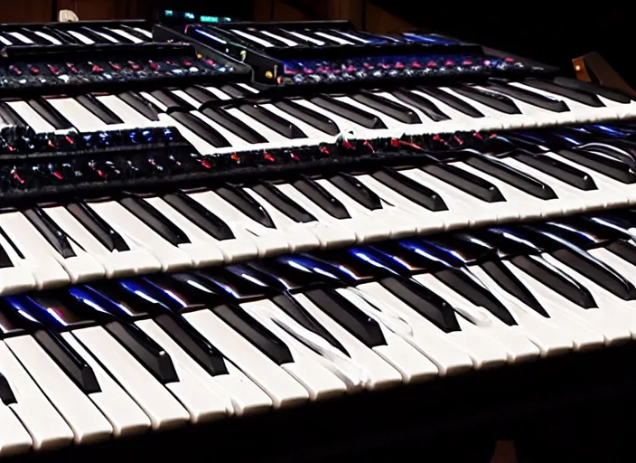 Image similar to photo still of a rack of keyboard synthesizers, 8 k, studio lighting, overhead light