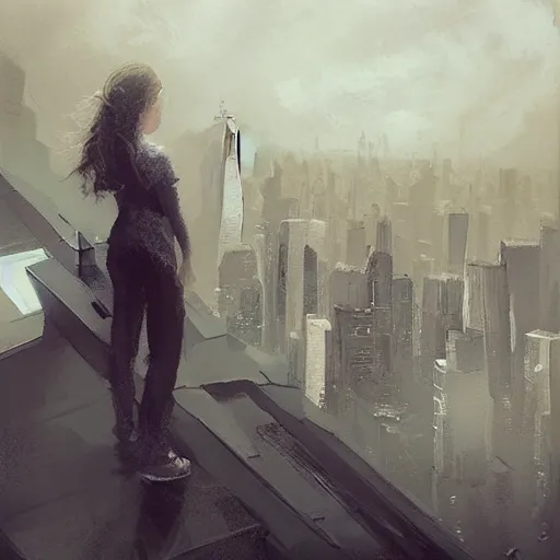 Image similar to “ a girl standing on a ledge looking down at a futuristic new york city below, storm clouds, digital art, sketches by craig mullins ”