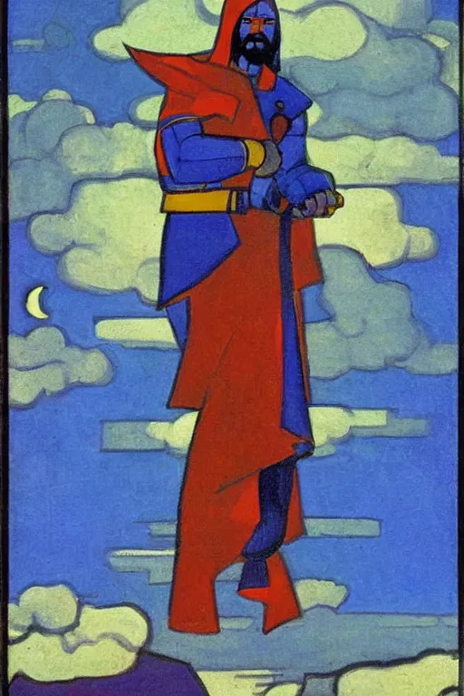 Image similar to thor with hammer, marvel, artwork by nicholas roerich,