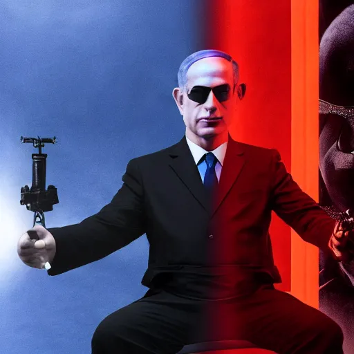 Prompt: benjamin netanyahu as morpheus from the matrix, sitting, blue pill in hand, red pill in hand, black leather suit, sunglasses, black background, dramatic lighting, the matrix, cinematic