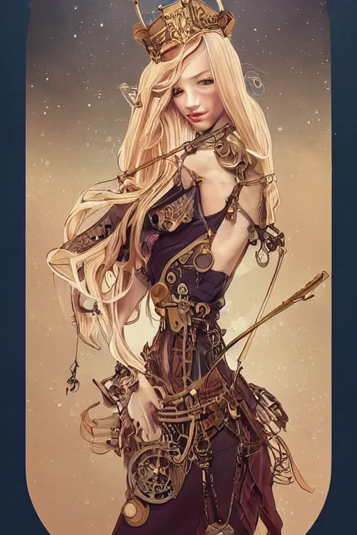 Prompt: anthropomorphic giraffe as steampunk princess, blonde hair, high fantasy, dnd, smooth, sharp focus, illustration, highly detailed, digital painting, artstation, concept art, by disney animation, rossdraws, alphonse mucha, frank fanzzeta, collectible card art