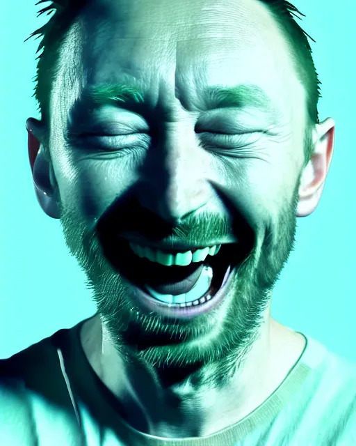 Prompt: a biomorphic portrait of thom yorke laughing, 4 k, octane high quality render