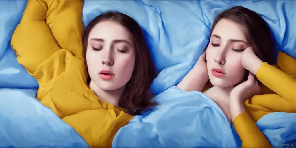 Image similar to beautiful oil matte portrait painting, young woman with closed eyes lying on a red bedsheet with blue pillows wearing a mustard yellow dress, detailed face, wonderful masterpiece highly detailed, beautiful cinematic light deep focus, elegant, digital painting, smooth, sharp focus, golden ratio, dramatic illumination, ultra realistic, 8 k, art by jimmy law