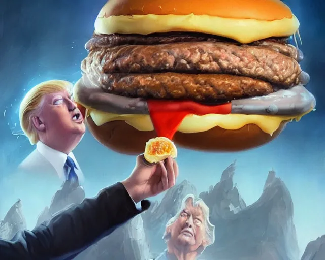 Image similar to donald trump licking a cheeseburger, deep focus, fantasy, intricate, highly detailed, digital painting, artstation, concept art, matte, sharp focus, illustration, hearthstone, art by artgerm and greg rutkowski and alphonse mucha