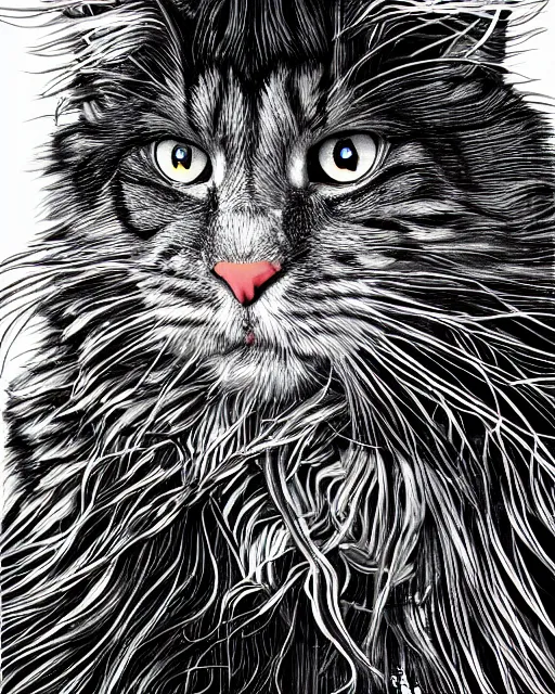 Prompt: a cyberpunk portrait of a maine coon by jean - michel basquiat, by hayao miyazaki by artgerm, highly detailed, sacred geometry, mathematics, cat, geometry, cyberpunk, vibrant, water