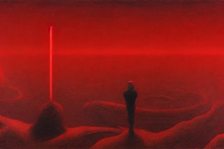 Image similar to only with red, a red god of death eat apple, a futuristic city on mars in background, floor are worms, in the style of beksinski, part by hopper, part by rodcenko, part by hofbauer, intricate composition, red by caravaggio, insanely quality, highly detailed, masterpiece, red light, artstation