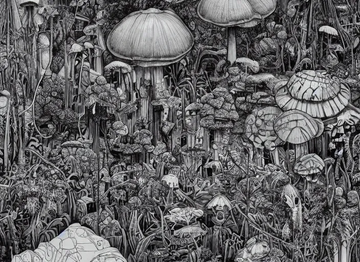 Prompt: surreal line art by ricardo bofill!!, a lot of jungle flowers and plants + poison toxic mushrooms surrounded by cables + long grass + broken droid + garden dwarf + mystic fog, 5 0's vintage sci - fi style, rule of third!!!!, line art, 8 k, super detailed, top view