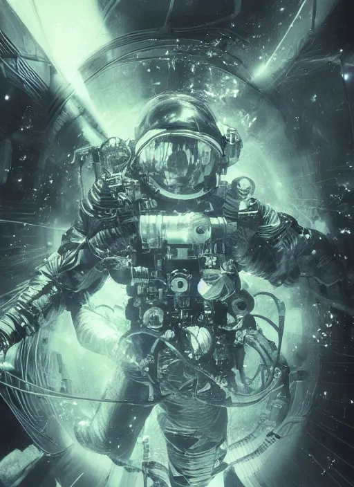 Image similar to astronaut in dark void underwater - complex and hyperdetailed technical suit design. reflection and dispersion materials. rays and dispersion of light. volumetric light. f / 3 2. noise film photo. flash photography. ultra realistic, 5 0 mm. poster by wayne barlowe, hajime sorayama aaron horkey, craig mullins