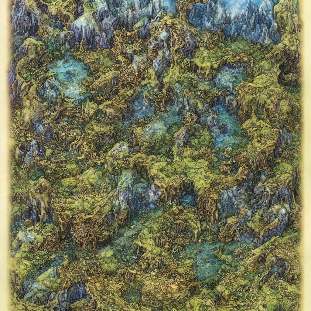 Prompt: an isometric fantasy forest, the land of Odrua, uncluttered, bordered by ocean, continent with mountains lakes hills and cities, by brian froud by jrr tolkien