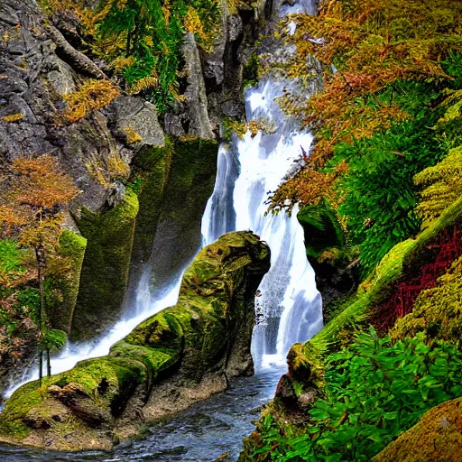 Prompt: m. c. escher's waterfall as a tilt shift photograph