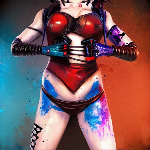 Image similar to full body pose, hyperrealistic mixed media painting of a harley quinn, dim volumetric lighting, 8 k, octane beautifully detailed render, extremely hyper detailed, intricate, epic composition, cinematic lighting, masterpiece, trending on artstation, very very detailed, masterpiece, stunning, hdr, smooth, sharp focus, high resolution, award, winning photo, dslr, 5 0 mm