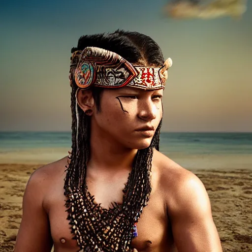 Prompt: portrait of a young mayan jaguar warrior, beach pic, depth of field, zeiss lens, detailed, symmetrical, centered, fashion photoshoot, by annie leibovitz and steve mccurry, david lazar, jimmy nelsson, breathtaking, 8 k resolution, extremely detailed, beautiful, establishing shot, artistic, hyperrealistic, beautiful face, octane render