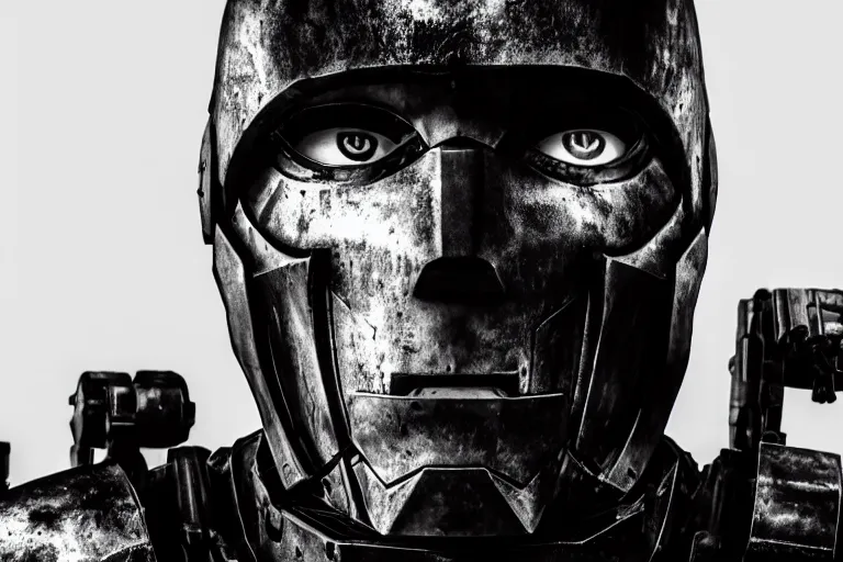 Image similar to still photo of a iron tech age war man looking at the camera in a battlefield, black and white color aesthetic, highly detailed, photorealistic portrait, bright studio setting, studio lighting, crisp quality and light reflections, unreal engine 5 quality render