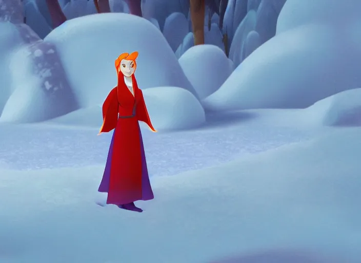 Image similar to flame princess glowing in a stark minimalist frozen creek snowdrift landscape from mulan ( 1 9 9 8 )