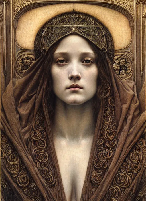 Image similar to detailed realistic beautiful young medieval queen face portrait by jean delville, gustave dore and marco mazzoni, art nouveau, symbolist, visionary, gothic, pre - raphaelite. horizontal symmetry