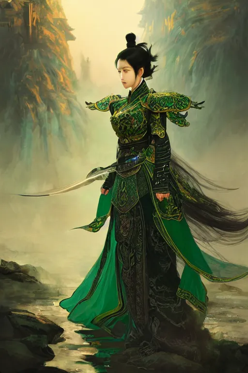 Prompt: portrait black hair young knights of Dynasty Warriors girl, metallic green armor, in ruin fire chinese palace sunrise, ssci-fi and fantasy, intricate and very beautiful and elegant, highly detailed, soft light, artstation, concept art, smooth and sharp focus, illustration, art by tian zi and WLOP and alphonse mucha
