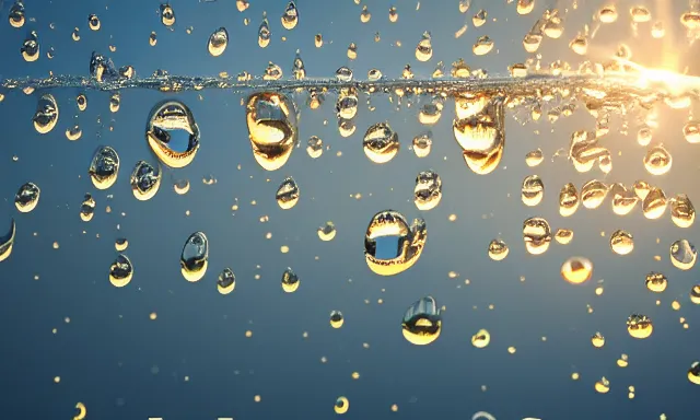 Image similar to beautiful picture of big upside-down raindrops floating quietly in a sunny blue sky, hot and sunny, highly-detailed, elegant, golden hour, dramatic lighting, artstation, 4k, cinematic landscape, photograph by National Geographic