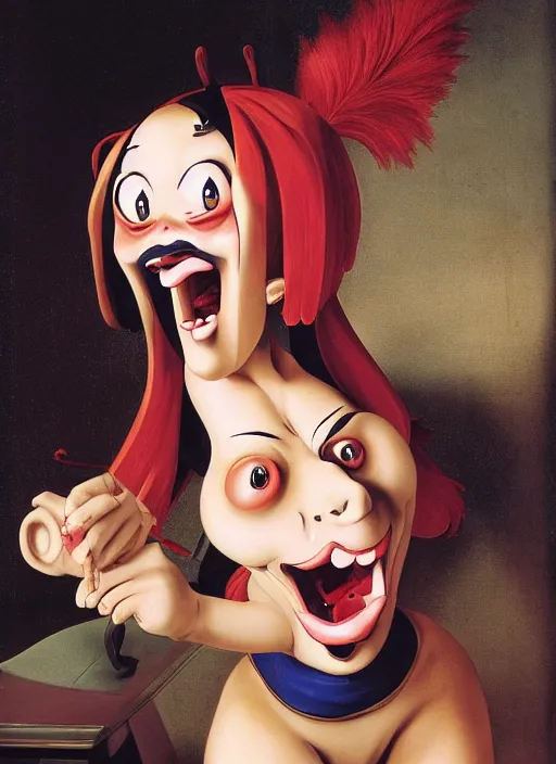 Prompt: a grotesque oil painting of an anime girl figurine caricature with a big dumb grin featured on Ren and Stimpy by Caravaggio