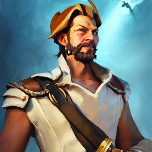 Image similar to greg manchess portrait painting of partially armored undead pirate captain guybrush threepwood as overwatch character, medium shot, asymmetrical, profile picture, organic painting, sunny day, matte painting, bold shapes, hard edges, street art, trending on artstation, by huang guangjian, gil elvgren, ruan jia, greg rutkowski, gaston bussiere