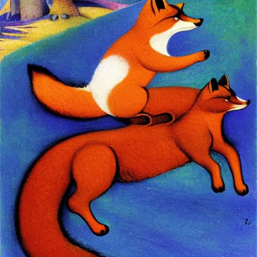 Prompt: an oversized fox with a saddle on its back, being ridden by a raccoon, digital art, furry art, glowing with silver light, painting by franz marc, by jean - leon gerome, by winsor mccay, today's featured photograph, 1 6 k, character design, realistic, detailed
