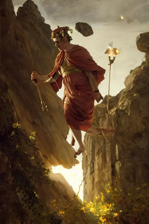 Image similar to ancient roman steve buscemi ascending wearing the civic crown while he levitates and hovers above the ground glowing with power small rocks and pebbles begin lifting off the ground around him, art by anders zorn, wonderful masterpiece by greg rutkowski, beautiful cinematic light, american romanticism by greg manchess, jessica rossier