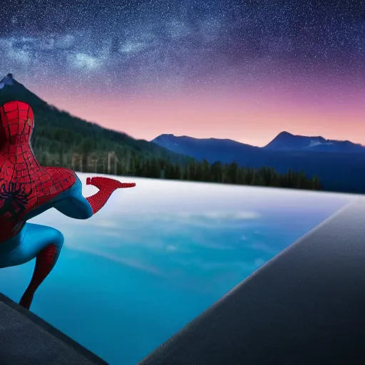 Prompt: 8 spiderman sitting in infinity pool finnish cabin environment. mountain background. photorealistic. ultra realistic. ultra high definition. 8 k. evening. starry sky.