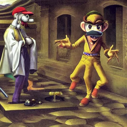 Image similar to waluigi emerges from the sewer to shame mankind, baroque oil painting, detailed, dramatic