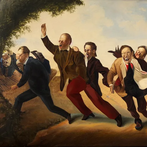 Prompt: A group of politicians run away terrified as a giant shoe is about to crush them, oil on canvas, detailed, High quality