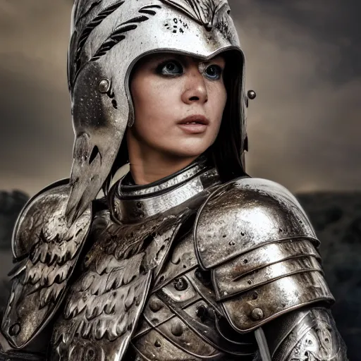 Image similar to female warrior wearing metal owl armour, highly detailed, 4k, HDR, smooth, sharp focus, hyper realistic, high resolution