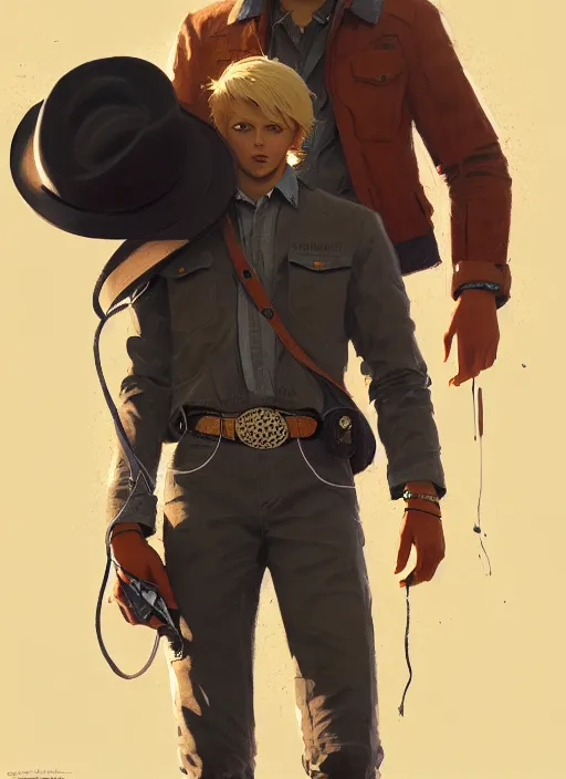 Image similar to ultradetailed beautiful panting of a stylish young man wearing a explorer suit with a cowboy hat, dramatic, he has blond hair, distressed, volumetric light, by greg rutkowski, ilya kuvshinov, james jean, makoto shinkai, on artstation