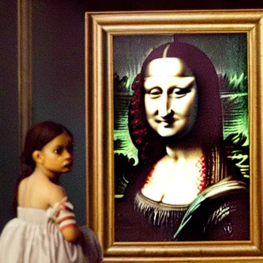 Prompt: an photo of monalisa watching her self in her monalisa painting