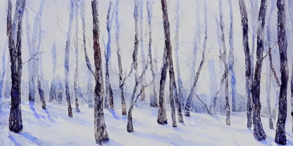 Image similar to a watercolor painting of trees in the snow by eero snellman, pixabay contest winner, modern european ink painting, watercolor, impressionism, painterly