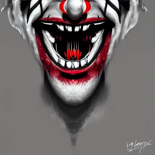 Prompt: a killer clown with sharp fangs and scars, hyper-detailed digital painting