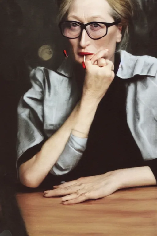 Prompt: overpainted photography portrait of young meryl streep smoking a cigarette at a table by cindy sherman and gerhard richter, dim light, minimalist, black and white