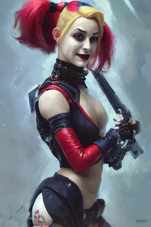 Image similar to portrait of Harley Quinn, dc comics, cyberpunk, Warhammer 40000, digital art from artstation by Ruan Jia and Mandy Jurgens and Artgerm and william-adolphe bouguereau