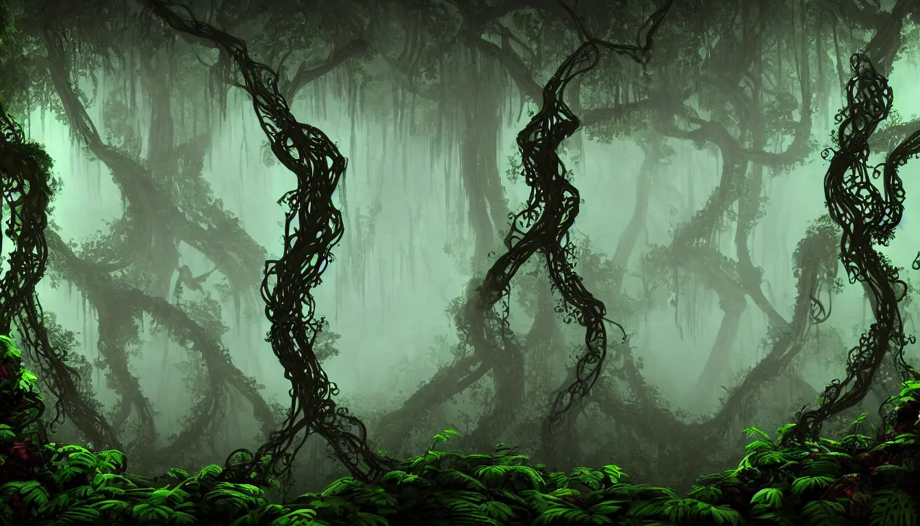 Image similar to eerie and dark deep mayan jungle forest realm biodiversity , side-scrolling 2d platformer game level, swirling clouds of magical fog through the trees, web of vines, ancient temple gigantic statue guardians in ruins in the background between the tree trunks, dramatic dusk sun illuminates areas, volumetric light , detailed entangled roots carpet the forest floor, rich color, upscale , 8k