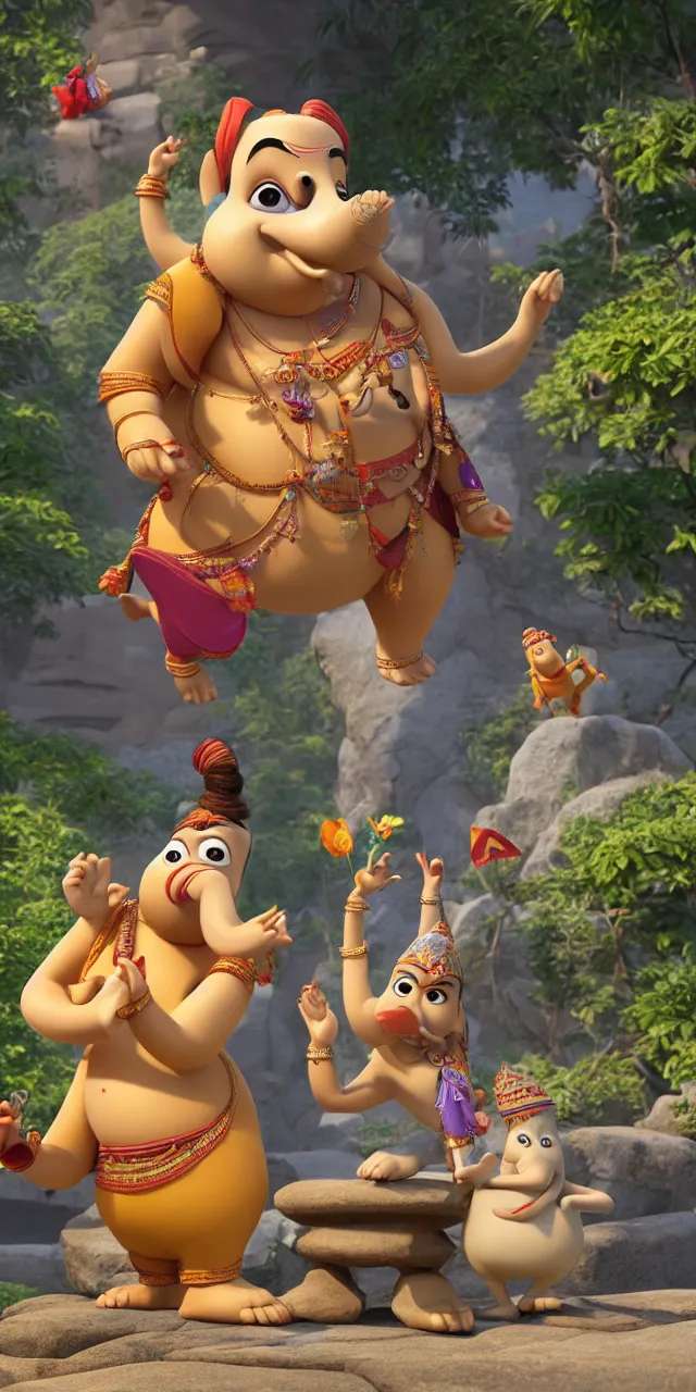 Image similar to ganesh and siddhartha as a pixar disney characters from up 2 0 0 9 unreal engine octane render 3 d render photorealistic