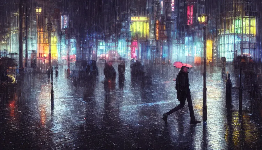 Image similar to guy walking under rain in brussels by night, neon lights, hyperdetailed, artstation, cgsociety, 8 k