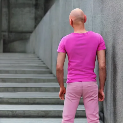 Prompt: bald skinny man in a pink t - shirt and pink pants, photo realistic