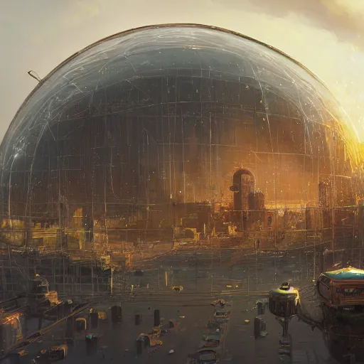 Prompt: A city trapped in a giant transparent dome, bubbles, cinematic lighting, insanely detailed, intricate, artstation, cgsociety, painted by Simon Stalenhag, Craig Mullins, concept art, illustration, sharp focus,