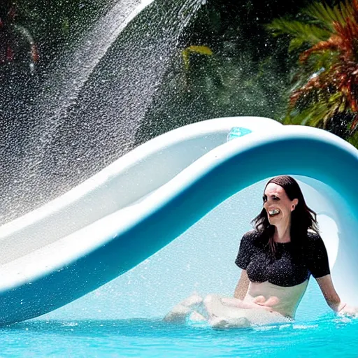 Image similar to 4 k photograph of jacinda ardern riding a waterslide.