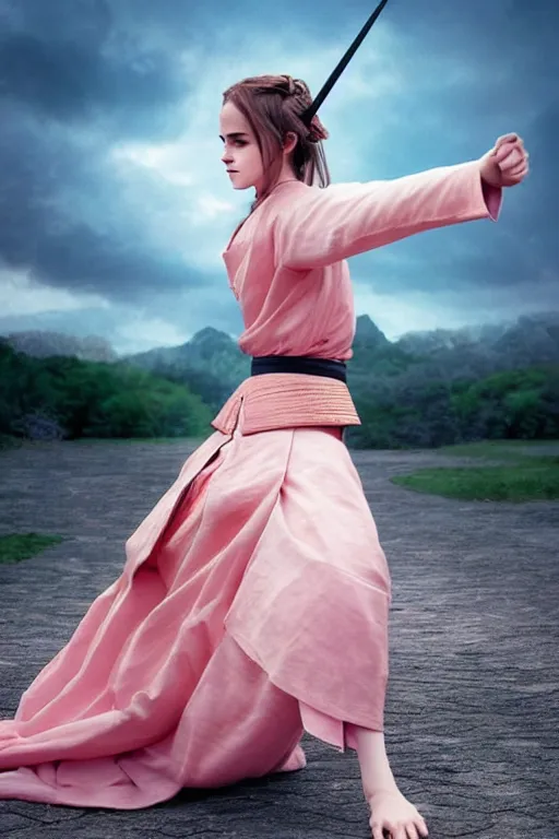 Image similar to highly detailed beautiful photo of emma watson as a young female samurai, practising sword stances, symmetrical face, beautiful eyes, pink hair, realistic anime art style, 8 k, award winning photo, pastels colours, action photography, 1 / 1 2 5 shutter speed, sunrise lighting