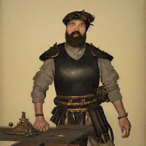 Image similar to Frustrated and acerbic male Imperial sergeant with a short beard wearing a {black and yellow tabard} over a steel breastplate and a black gambeson leaning over a table, by Raymond Swanland Greg Rutkowski Lise Deharm, {perfect face}, {perfect eyes}, {perfect body}, {hands planted on war table while standing}, fantasy